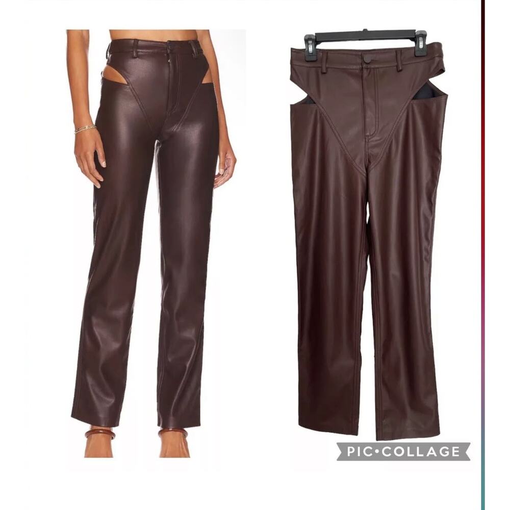 H:ours Melody Vegan Leather Hip Cutout Pants Dark Brown Size Medium - NWOT